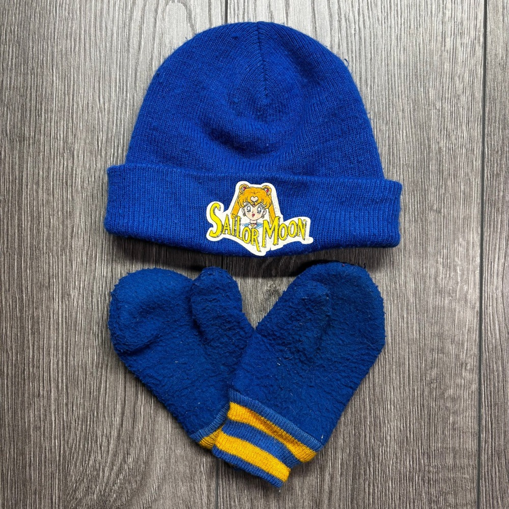 Vintage Sailor Moon Kids Blue Knit Beanie and Mittens Set Anime 90s Retro